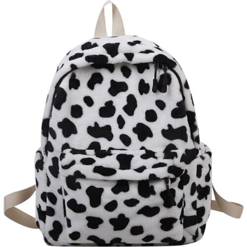 Womens Bag Vintage Printing Plush Backpack School Shoulder Bag Animal Cow Pattern Travel Rucksack Lady Student Girl Backpack