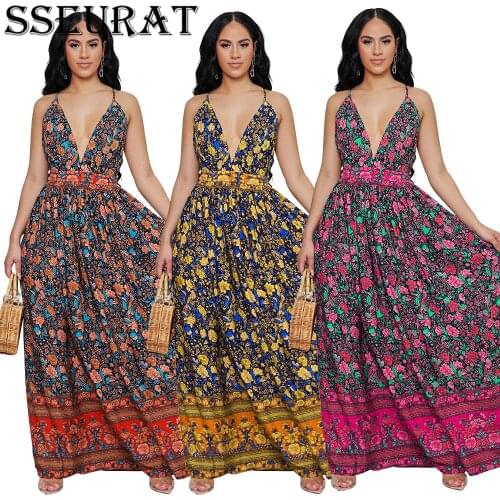 SSEURAT Women Dress Floral Sleeveless V-neck Floor-length Dresses Lady High Street Fashion Dress Summer Outfit