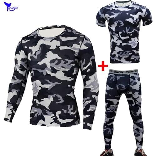 3 Pcs Camouflage Mens Quick Dry Running Sets Compression Joggers Training Gym Fitness Sport Suits Tracksuits Sportswear Clothing