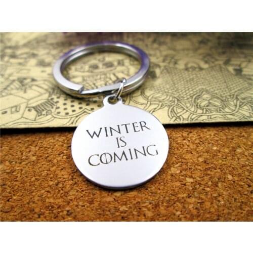 3pcs/lot 28mm stainless steel keyring with 20mm stainless steel circle round "WINTER IS COMING" charms keyring