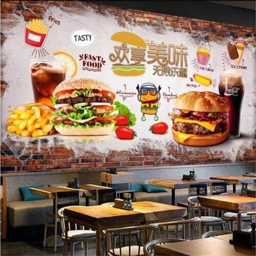 Custom Delicious Burger Fast Food Restaurant Industrial Decor Brick Wall Background Mural Wallpaper 3D Snack Bar Wall Paper 3D