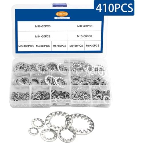 410PCS/Box Internal Tooth Lock Washer Assortment Kit 304 Stainless Steel M3 M4 M5 M6 M8 M10 M12 M14 M16 Star Lock Washer