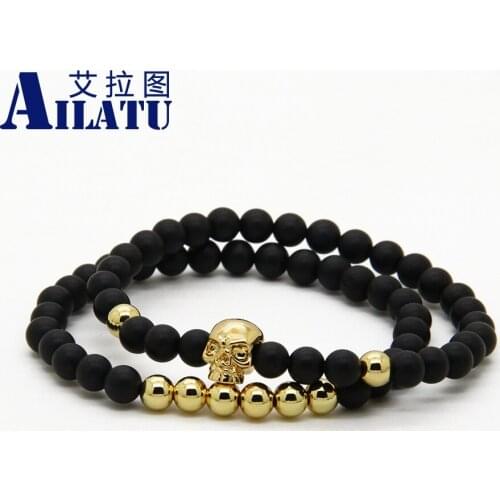 Ailatu Hot Sale Jewelry Wholesale 10 Sets 6mm Natural Matte Onyx Stone beads Top Quality Double Cz Skull Bracelets