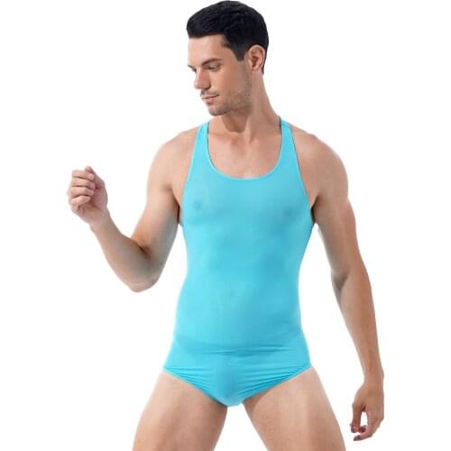 Bodysuit Men Sleepwear Fashion Fit Solid Color Round Neck Sleeveless Wrestling Singlet Stretchy Leotard Pajama Swimsuit Swimwear