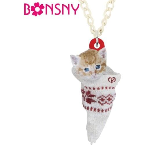 Bonsny Acrylic Christmas Sock Short Hair Cat Kitten Necklace Pendant Chain Choker Animal Jewelry For Women Girls Teens Kids Gift