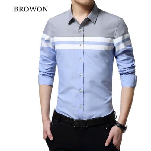 BROWON 2021 Fashion Mens Shirts Brand Clothing Slim Fit Patchwork Stripe Clothes Male Long Sleeve Shirt for Men Camiseta Male