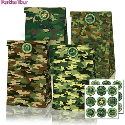 12pcs Camouflage Paper Bags For Military Theme Boy Happy Brithday Paper Gift Boxes Camouflage Party Decortion Army Candy Bags