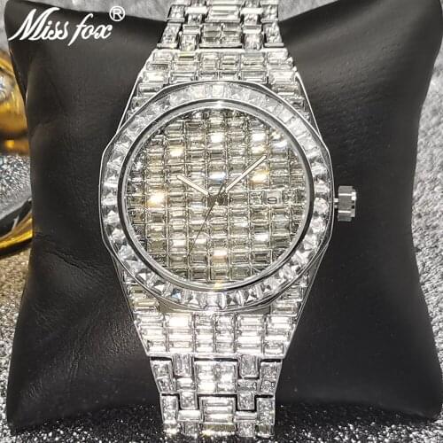 Hip Hop MISSFOX Iced Out Watch Men Silver Baguette Diamond Steel Mens Watches Auto Date Luxury Brand Dive Quartz AAA Wristwatch