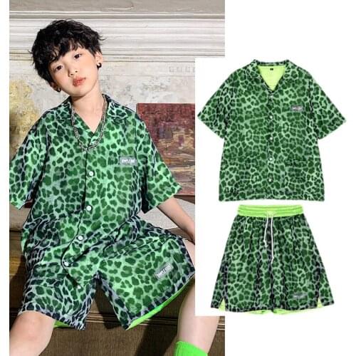ChildrenS Green Leopard Shirt Shorts Suit Boys Girls Hip Hop Dance Clothes Daily Wear Jazz Modern Dance Rave Clothes DQS7593