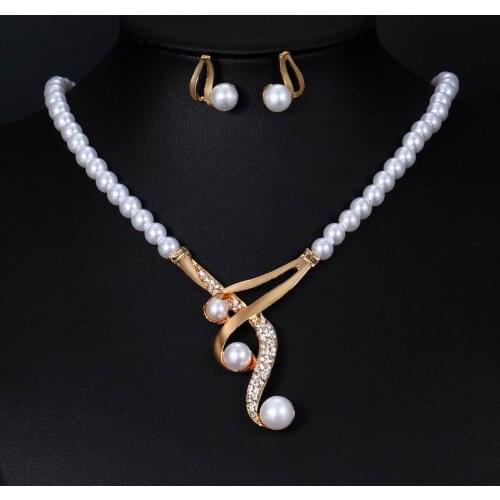 Elegant Personality Women Bridal Engagement Alloy Simulated Pearl Crystal Necklaces Earring Jewelry Set