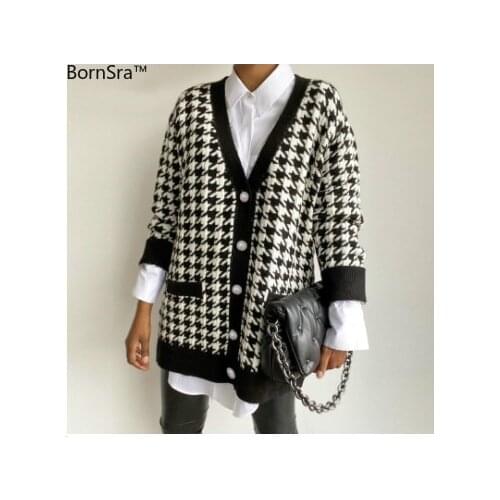 2021 V Neck Women Button Black Houndstooth Cardigan 2020 Long Sleeve Sweater Autumn Winter Knitted Loose Oversized Jumper Casual