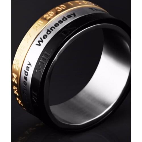 Monla Stainless Steel Free To Rotate Month Number Rings For Women Men Gold/Black Gun Three Circle Finger Rings