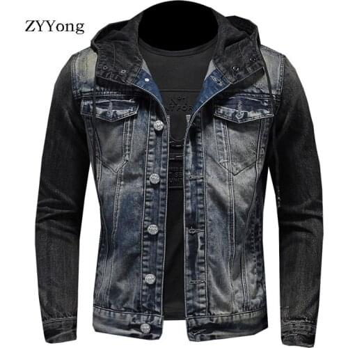 New European Style Hooded Colorblock Bomber Pilot Blue Denim Jacket Men Jeans Coats Motorcycle Casual Outwear Clothing Overcoat