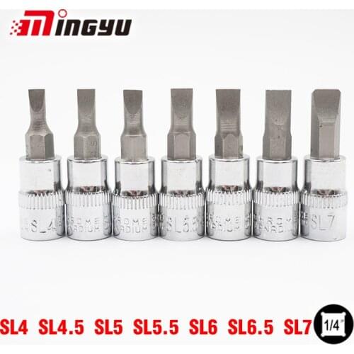 7pcs 1/4 inch Dirve Slotted SL4 SL4.5 SL5 SL5.5 SL6 SL6.5 SL7 Wrench Head Flat Bit Socket Set Screw Diver Bits for Spanner