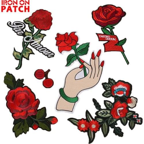 Rose Flowers Patches Embroidered Iron on Patches for Clothing DIY Motif Stripes Clothes Stickers Custom Badges Accessories