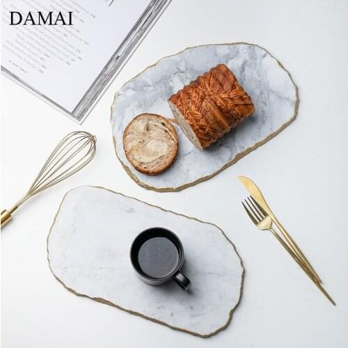 Natural Marble Ceramic Trays Decorative Gold Inlay Porcelain Cake Dessert Plates Cosmetic Display Storage Tray Home Decoration