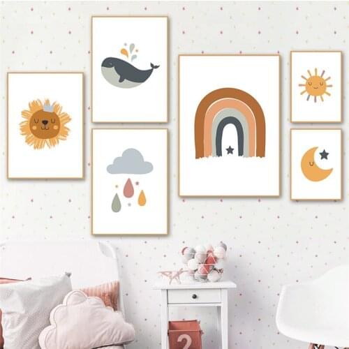 Cartoon Animal Sun Stars Poster Print Moon Rainbow Canvas Prints Kids Room Wall Art Decoration Picture Nursery Room Decor TB98
