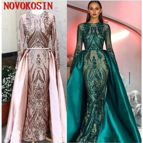 2019 Shiny Embroidered Sequins Mermaid Prom Dresses Elegant Long Sleeves Evening Gowns Party Dress With Satin Detachable Train