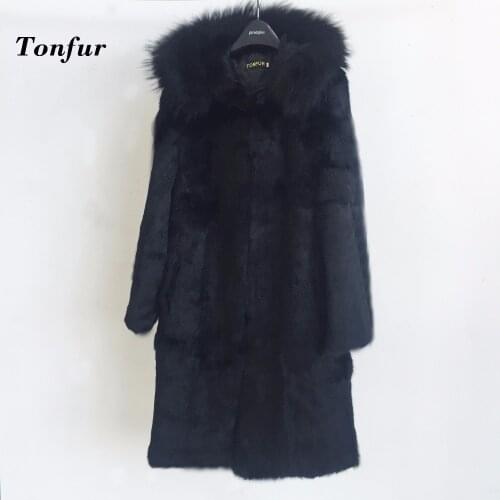 Luxury Long Fur Overcoat 100% Real Rabbit Fur Full Pelt Coat with Natural Fox Fur Collar Hood Customize Plus Jacket tbsr311