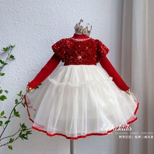 Baby girls christmas dress 2021 fall winter new girl red sequin knitted long sleeve princess dresses wholesale