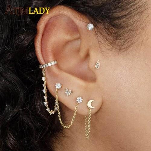 1 piece Gothic Punk micro pave cz tassel Chain Earrings cubic zirconia European fashion long link chains cuff clip on Earring