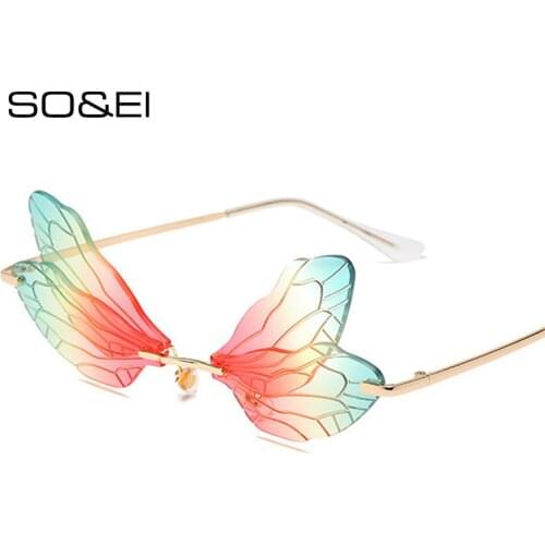 SO&EI Fashion Sunglasses Women Vintage Dragonfly Steampunk Sun Glasses Men Rimless Clear Ocean Lens Eyewear Shades UV400