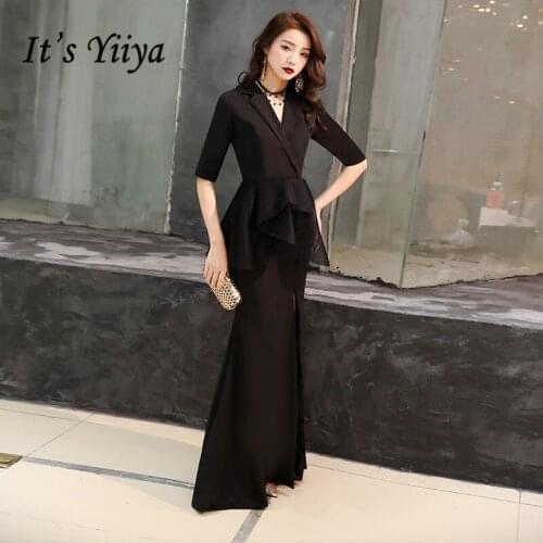 Evening Dresses Black Its Yiiya AR329 Sexy Split Mermaid Special Occasion Dress Half Sleeve Formal Gowns Ruffles Evening Dress