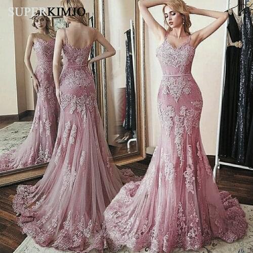 SuperKimJo Lace Applique Dusty Pink Evening Dresses 2020 Mermaid Beaded Long Evening Gown Abiti Da Cerimonia Da Sera