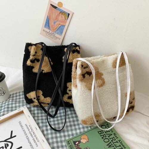 Women Lamb Like Fabric Shoulder Tote Bag Canvas Fluffy Fur Bear Handbags Large Capacity Soft Shopping Bags Girls Cute School Bag