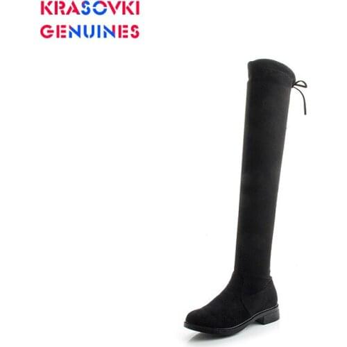 Krasovki Womens Thigh Boot Fleece Lined Round Toe 2020 Fashion Flat Bottom Causal Breathable Flock Solid Slip Hoof Heels Boots