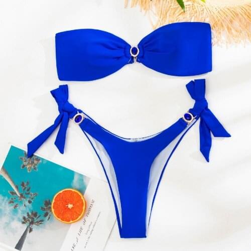 Women Sexy Bra Panties Split Swimsuit Push-Up Blue Rhinestone Bikini Set Tube Top for Beach Swimming