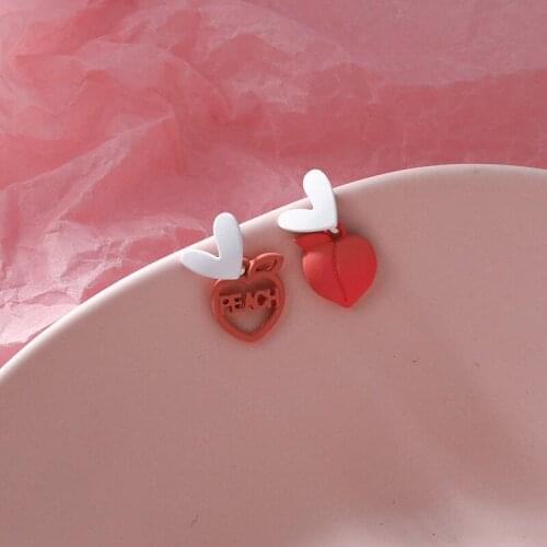 Origin Summer Cute Pink Color Love Heart Letter Peach Stud Earring for Women Girls Asymmetric Hollow Metal Earring Jewellery