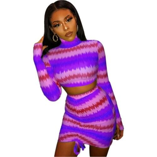 Striped Print Ruched Skirt Set Women Fashion Skinny Long Sleeve Crop Top Drawstring Mini Skirt Set Bodycon 2 Piece Club Outfits