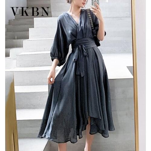 VKBN Summer Dress Women Casual Lantern Sleeve High Waist V-Neck Pullover Smoky Gray Dresses for Women Party