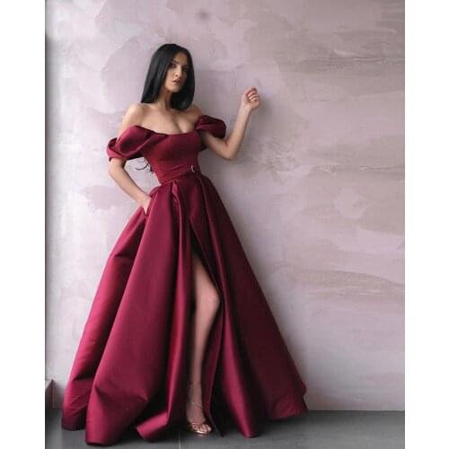 2020 Dubai Satin Off Shoulder Prom Dresses with Pockets A Line High Split Formal Evening Party Gowns Women Robe De Soiree