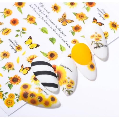 3D Sunflower Nail Decals Sticker Daisy Butterfly Sakura Blossom Design Adhesive Sliders Floral Decoration Manicure
