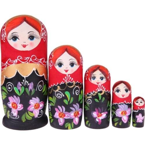 5pcs Black Red Girl Russian Matryoshka Dolls Toys Wooden Nesting Dolls Best Birthday Xmas Toys Gift for Girls Boys Kids Hot sale