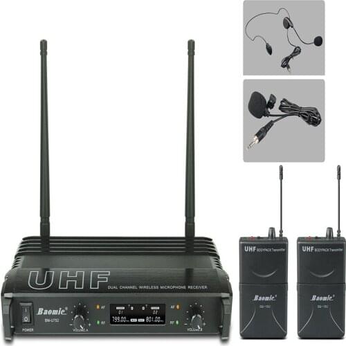 Baomic BM-U752 Professional Dual bodypacks Wireless Headset or lavalier Microphone System stage performances MIC frequency