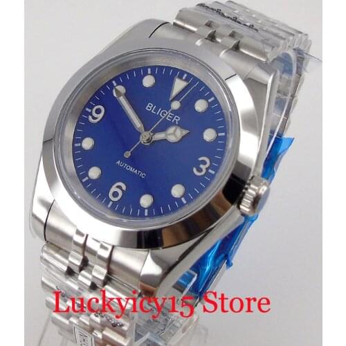 BLIGER Blue NH35A 39mm Automatic Men Watch Polished Case Jubilee Bracelet Glass Back Flat Sapphire Crystal