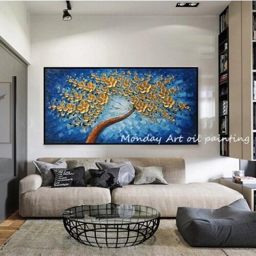 Large Hand Painted Blue lucky tree canvas painting 3D Flower Knife Pictures Flowers Oil Paintings Home Decor Wall Art Paintings