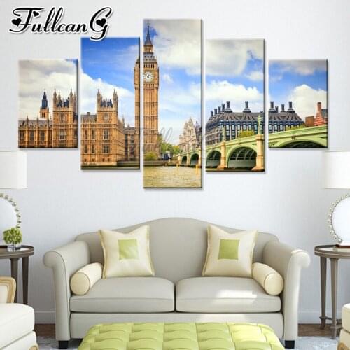 FULLCANG Clock tower city landscape 5pcs diy diamond painting full square round drill mosaic embroidery sale decoration FC2833