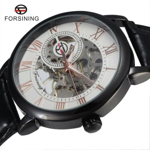Forsining 3D Logo Engraving Black Luxury Men Clock Rose Gold Rome Number Display Mechanical Leather Strap Male Skeleton Watch