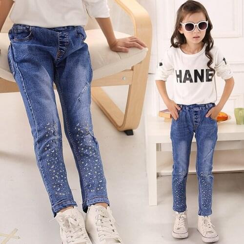 2019 spring children new casual denim Pants Kids fashion stars print distressed Jeans Pants for big Girls 5-10 years