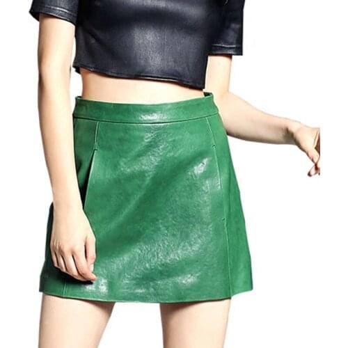 Purple Black Green Real Genuine Leather Skirt High Waisted Mini Skirts Women Pocket 2018 Casual Party Sexy Ladies Aline Sundress