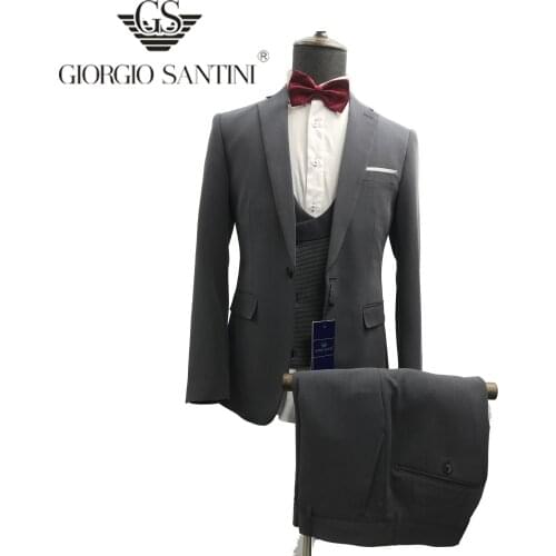GIORGIOSANTINI 2020 3 piece Khaki and dark gray Men Suits for Custom Groom Tuxedo Man Set Jacket Plaid Vest with Pants New Arriv