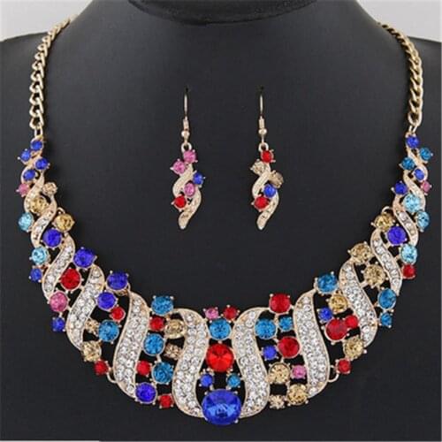 European And American Exaggeration Fashion Luxury Colourful Rhinestone Geometry Necklace Earrings Set Jewelry For Women Gift