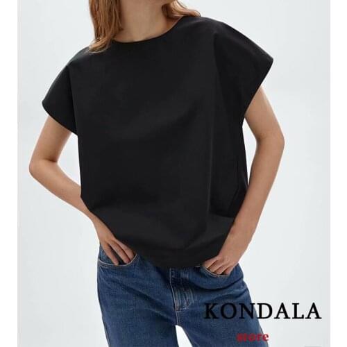 KONDALA Za Black Oversized Cotton T-Shirts Women O-Neck Solid Casual Summer MD Short Sleeve Mujer Tops Vintage T-Shirts