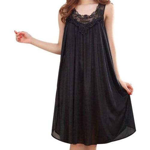 Summer Lace Patchwork Ice Silk Satin Night Dress Smooth Nightwear Sexy Women Sleepwear Summer Sleeveless Loose Nightgown