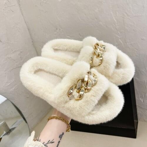 Furry Fur Slides Plush Slippers Matte Gold Chain Fluffy Flip Flops Luxury Faux Fur Slippers Slip On Flats Womens Fashion Shoes