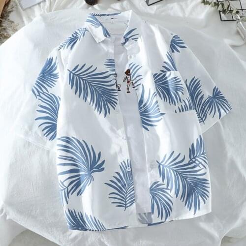 Mens Hawaiian Resort Style Palm Leaf Print Turn Down Collar Short Sleeve Shirts